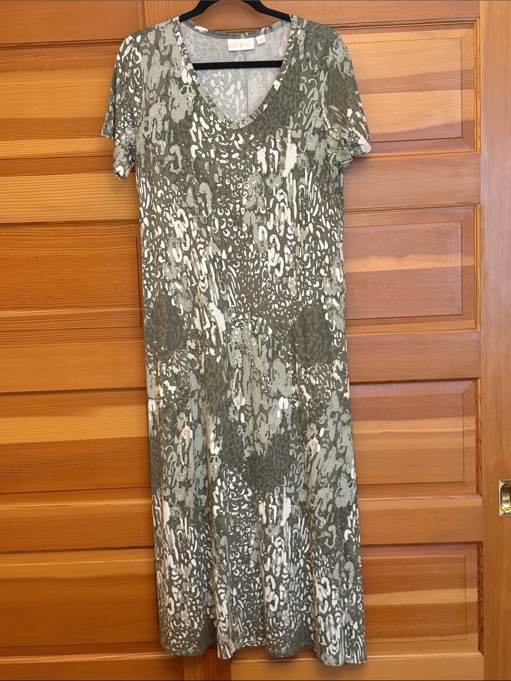 Belle by Kim Gravel Olive & Cream Patterned V-Neck Dress